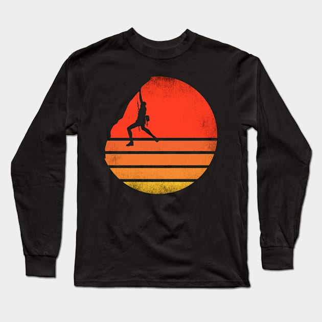 Bouldering Distressed Retro Rock Climbing 80's Sun Graphic Long Sleeve T-Shirt by Happy Shirt